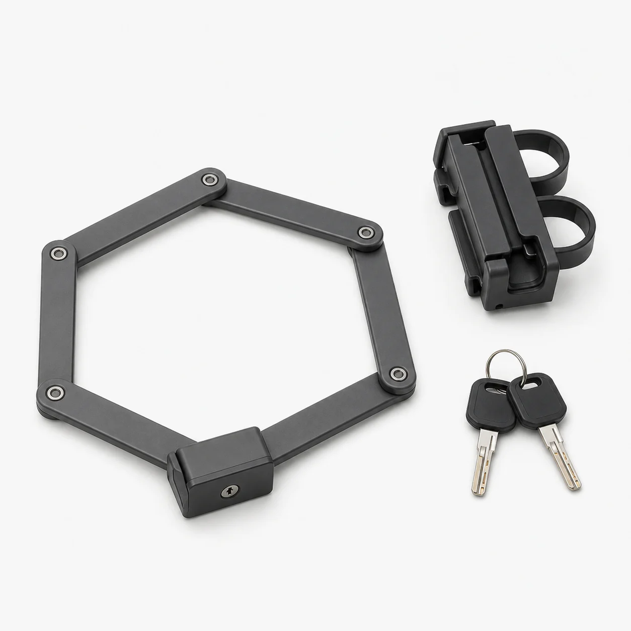 Graphite folding lock with frame mount and two keys on a light background