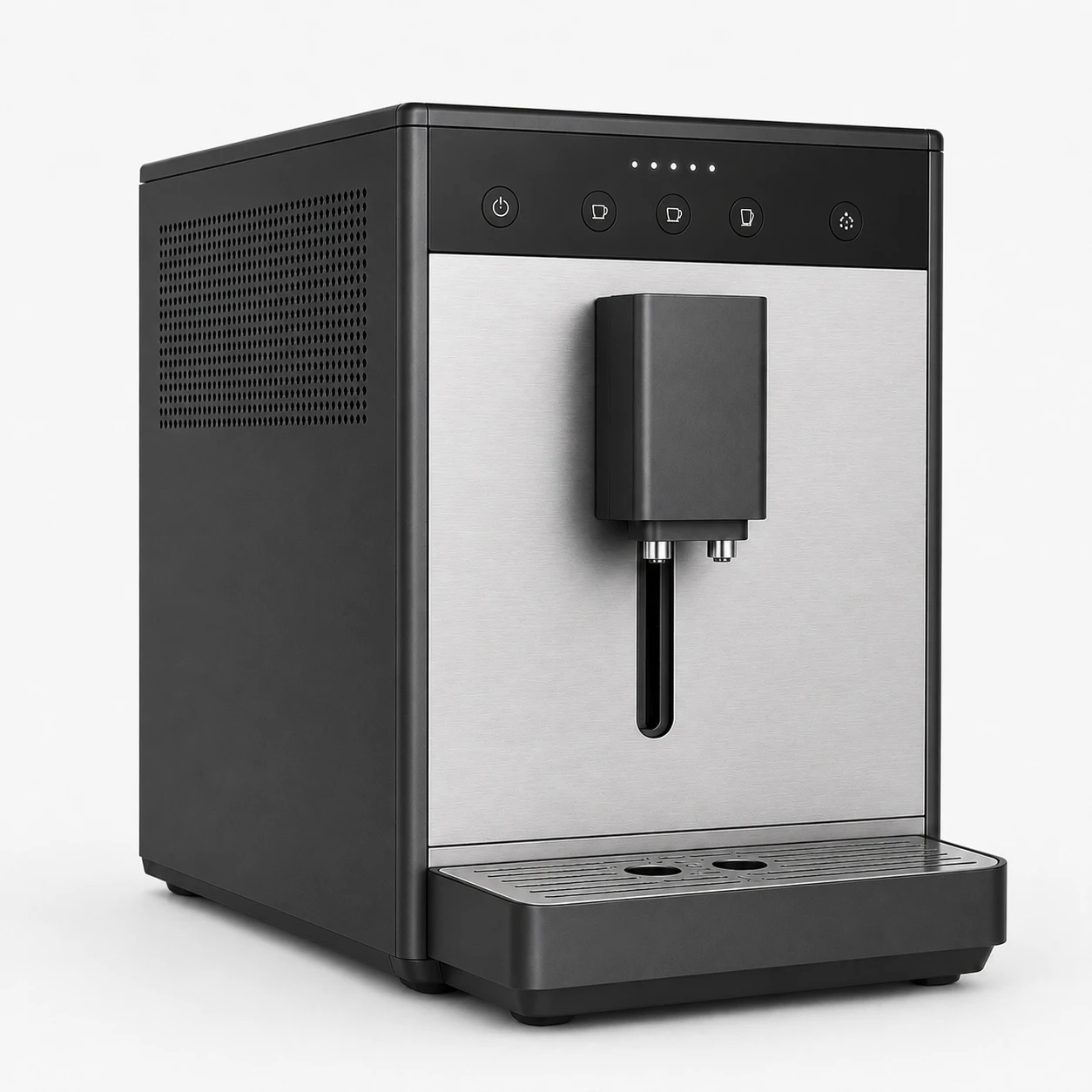 Großer Kaffeevollautomat, Modell Office, in gebürstetem Edelstahl auf hellem Hintergrund