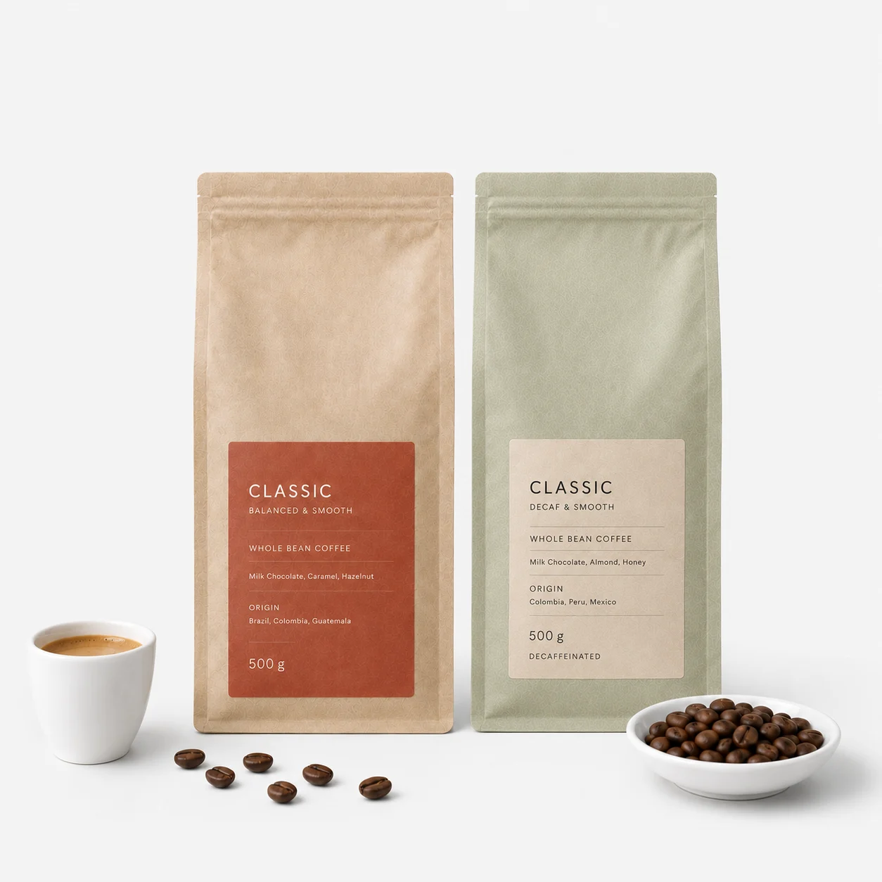 Two bags of barista coffee beans with a cup of coffee on a light background