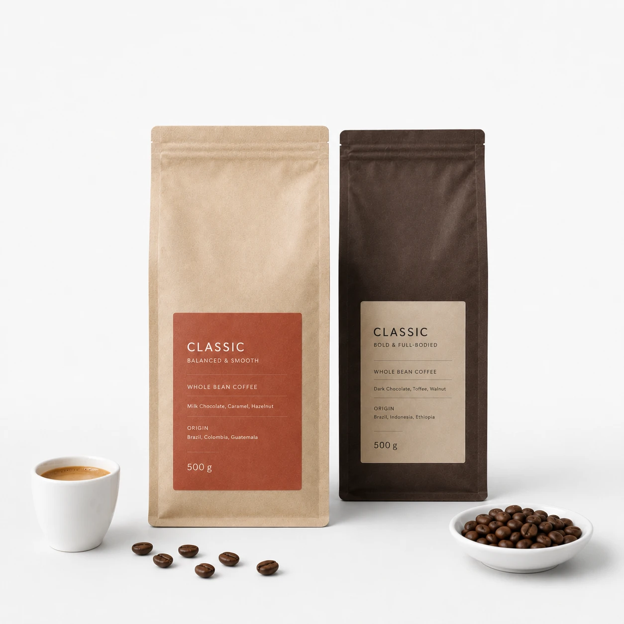 Two bags of barista coffee beans with a cup of coffee on a light background